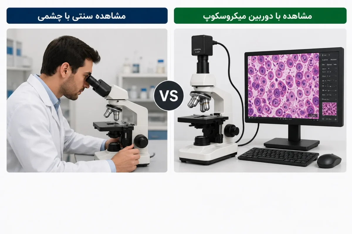 مقایسه مشاهده با چشمی میکروسکوپ و دوربین میکروسکوپ